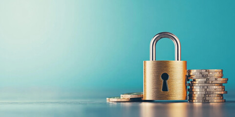 Fototapete - A brass padlock stands firmly next to stacked coins, symbolizing the importance of security in banking. This setup highlights the focus on financial privacy and safeguarding assets.