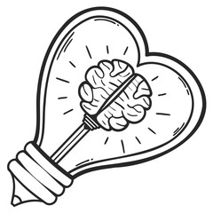 Poster - A black stylized modern and cute bulb in the shape of a heart, with a brain inside on transparent background