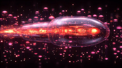 Poster - Glowing pods hover amidst light trails, with surrounding illumination, for a futuristic aesthetic