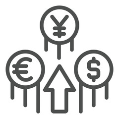 Poster - Coins value fly up line icon, global sanctions concept. Vector graphics. Euro, yen and dollar coin with arrow sign on white background, outline style icon for mobile or web design.
