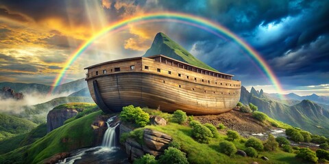 noah's ark on mountaintop after the great flood with rainbows