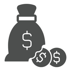 Poster - Money bag with coin solid icon, finance concept. Vector graphics. Dollar money sack with coins sign on white background, glyph style icon for mobile or web design.
