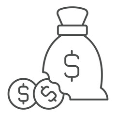 Poster - Money bag with coin thin line icon, finance concept. Vector graphics. Dollar money sack with coins sign on white background, outline style icon for mobile or web design.