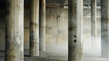 Poster - Series of Weathered Concrete Pillars in Abandoned Industrial Space with Sunlight and Misty Atmosphere Creating Eerie and Atmospheric Sense of Mystery and Decay