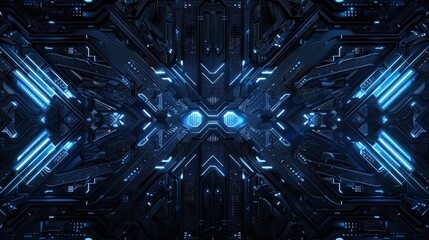 Fototapete - Mysterious circuitry features deep blue glowing pathways and ambient lighting creating an infinite sci-fi ambiance