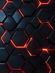 Poster - Modern Dark hexagonal carbon fiber with red luminous lines and highlights background
