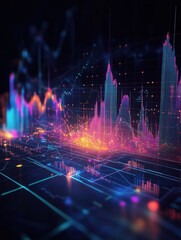 Poster - Digital financial chart with glowing lines and data visualization on a dark background.