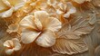© kaleidoscope - Floral carvings seem to float above a wooden surface, creating a whimsical effect with soft ambient lighting