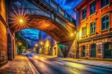 Poster - Panoramic Street Photography: Vibrant Colors Under Bridge at Night
