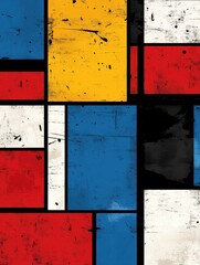 Poster - abstract geometric pattern with colorful squares and rectangles in red, blue, yellow, black, and whi