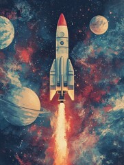 Wall Mural - This illustration depicts a rocket in a starry sky or cosmic scene formed by points, lines, and shapes that mimic planets, stars, and the universe.