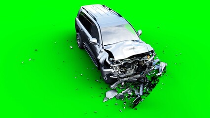 Wall Mural - generic 3d car crash test. car destruction. green screen isolate. 3 rendering,