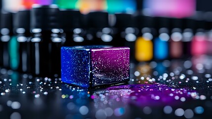 Poster - Glittering blue and purple cube on dark surface with scattered sparkles and colorful bokeh lights in background, macro photography for creative design.