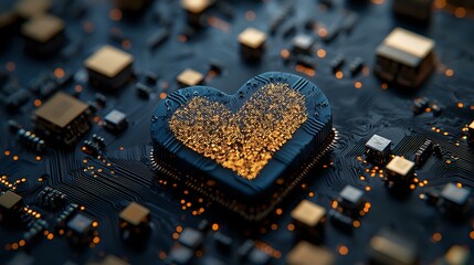 Poster - Digital heart shape formed by glowing circuit board traces and components on dark blue PCB, macro photography with selective focus and warm lighting.