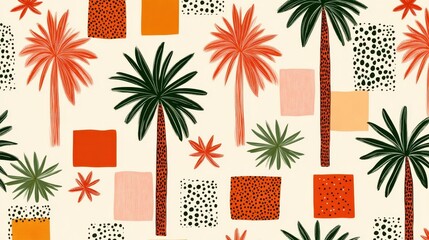Poster - Crafting vibrant tropical pattern with palm silhouettes and geometric elements, delivering dynamic summer inspired design for creative backgrounds and stylish decor