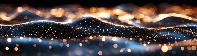 Poster - Magical glowing waves with sparkles and bokeh lights creating dreamy abstract background in dark blue and gold colors. Festive holiday atmosphere.