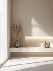 Poster - Living room interior with empty shelf and window. Mockup of empty wall.