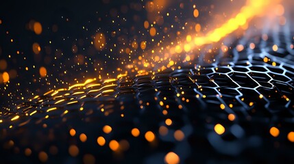 Poster - glowing hexagonal graphene surface with golden light trail and bokeh particles against dark backgrou