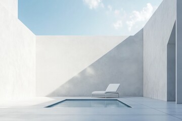 Poster - Minimalist white outdoor scene with a simple, sleek pool and lounge chair, set against an empty wall. The background features a clear blue sky for contrast, creating a clean aesthetic.