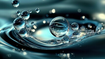 Poster - Glistening water droplets cascading across dark, rippling liquid surface, generating intricate textures and dynamic visual patterns with fluid motion and reflective energy