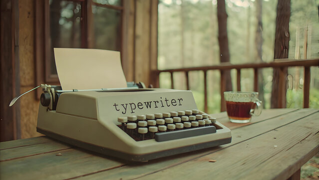 Vintage Typewriter on a Wooden Table with Tea in a Forest Cabin. Perfect for: Autumn, Writer’s Retreat, Cozy Cabin, Storytelling, Creativity