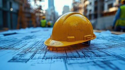 Construction site with yellow hard hat on blueprints, workers in background (1)