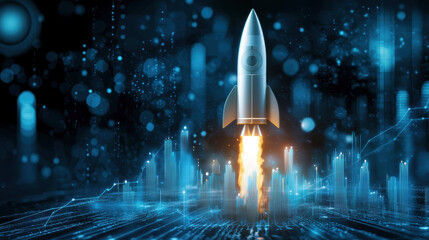 Poster - sleek rocket takes flight amidst digital landscape, symbolizing innovation and progress. vibrant blue tones and data streams