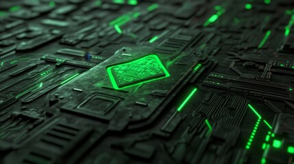 Fototapete - A neon-lit cloud upload symbol represents the concept of Green Data storage Technology, set against a black background with a futuristic floor in a 3D rendering