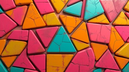 Poster - Vibrant 3D background featuring a multicolored polygonal surface adorned with triangular pyramids, embodying a high-tech aesthetic