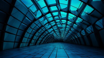 Poster - A futuristic tech concept featuring translucent blocks on a blue surface with copy space, created as a 3D render