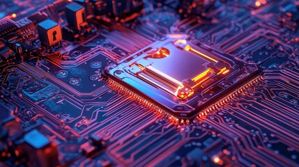 Fototapete - A Microchip features an Image Technology Concept symbol, with data transferring from the CPU over a futuristic motherboard in a 3D rendering