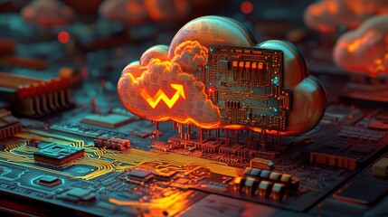 Fototapete - A 3D rendered icon of a cloud for downloading, illuminated by orange and yellow neon lights, symbolizes data storage technology on a sleek, high-tech floor set against a black background