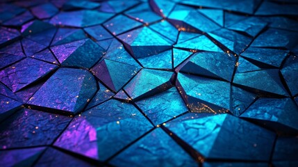 Poster - The description is of a glowing blue polygonal surface adorned with tetrahedrons, reminiscent of high tech and neon elements in a 3D wallpaper