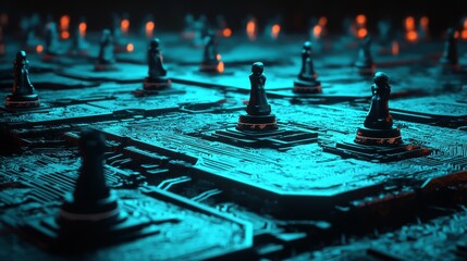 Fototapete - A futuristic motherboard is depicted with a Microchip featuring an ethernet symbol, surrounded by white neon data flowing between users and the CPU, in a 3D render illustrating the Network Technology