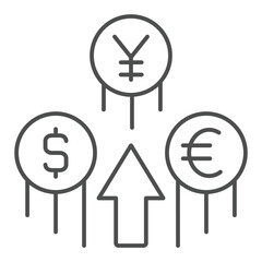 Poster - Coins value fly up thin line icon, global sanctions concept. Vector graphics. Euro, yen and dollar coin with arrow sign on white background, outline style icon for mobile or web design.