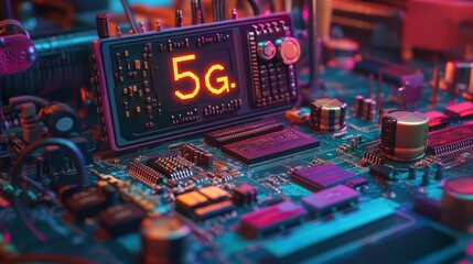 Poster - A futuristic motherboard is depicted with a microchip featuring a music symbol, exemplifying an audio technology concept, as white neon data flows between the CPU and the user in a 3D render