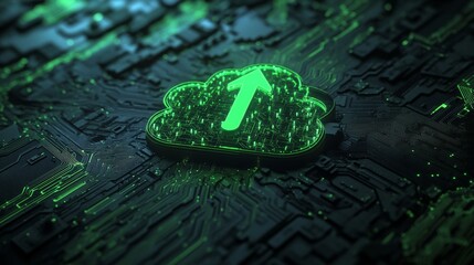 Fototapete - A 3D render of a green data storage technology concept featuring a neon cloud symbol, set against a black background with a futuristic floor and vibrant icon