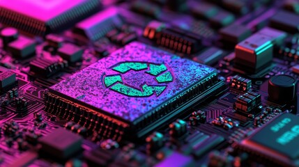 Poster - A 3D render of a pink and blue neon light recycle icon set against a black background with a high-tech floor, symbolizing vibrant colored eco technology