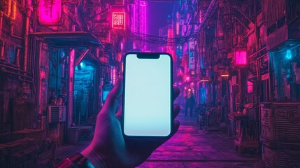 Poster - Mockup of a sci-fi cell phone set against a vibrant city skyline with pink and yellow neon lights