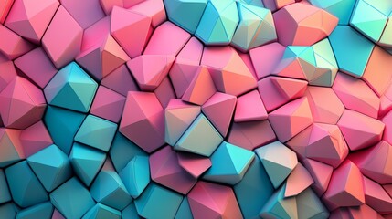 Poster - A modern surface adorned with neon tetrahedrons, illuminated in blue and pink hues, forming an abstract 3D texture