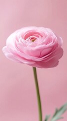 Poster - A stunning ranunculus flower displays its soft pink petals on a slender stem, set against a gentle pink backdrop. The intricate layers create a mesmerizing and tranquil visual experience