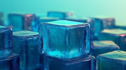 Poster - A futuristic tech concept featuring translucent blocks on a blue surface with copy space, created as a 3D render