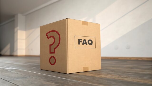 Wooden cube, FAQ text, question mark symbol, minimalist design, 3D rendering.