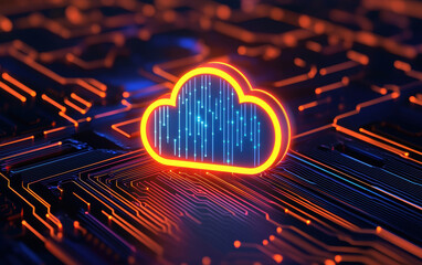Poster - vibrant cloud symbol representing digital technology and data storage, glowing against circuit