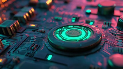 Fototapete - A neon-lit power symbol represents the Green Activate Technology Concept, set against a black background with a futuristic floor in a 3D rendering, featuring a vibrant colored icon