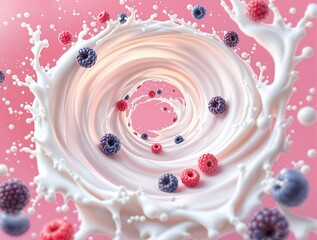 Aufkleber - A vibrant and dynamic scene of a splash of white liquid, likely milk, with a swirl of white and red berries, set against a vivid pink background. The milk appears to be in motion, creating a dynamic a
