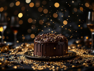 Poster - A festive, celebratory scene featuring a chocolate cake adorned with golden sprinkles, placed on a dark surface surrounded by golden confetti. To the right of the cake is a glass filled with a beverag