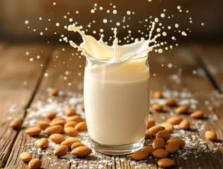 Aufkleber - A glass of almond milk with a splash of milk, accompanied by almonds scattered on a wooden surface. The background is slightly blurred, emphasizing the milk and almonds.