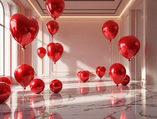Poster - A room with a polished marble floor, illuminated by a series of red heart-shaped balloons suspended from the ceiling. The walls are adorned with a subtle pattern, and the room is framed by a window on