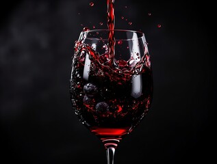 Fototapete - A glass of red wine being poured against a dark background. The wine is a deep, rich shade of red, and the glass is clear, allowing the viewer to see the liquid's texture and color. The dark backgroun